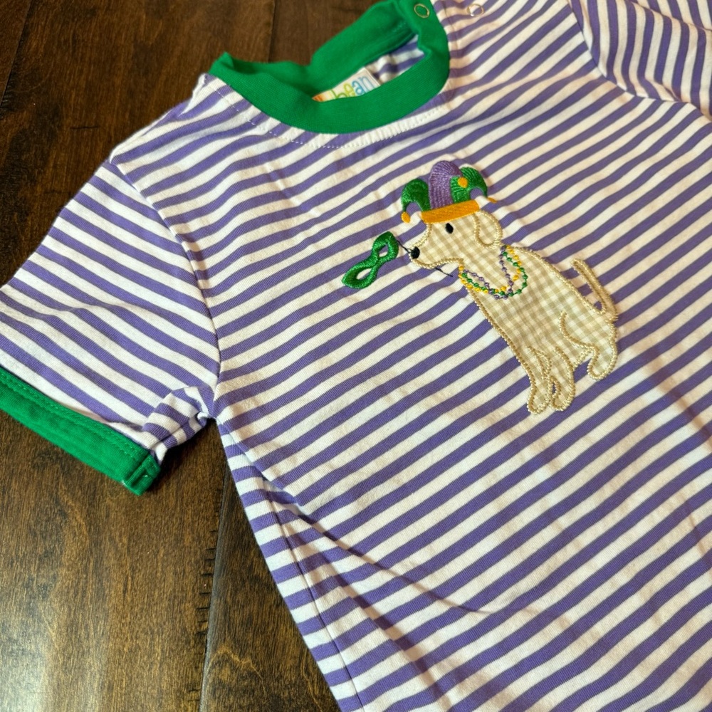 Jellybean by Smock Candy Mardi Gras Dog Applique Embroidered Romper size 2 NWOT